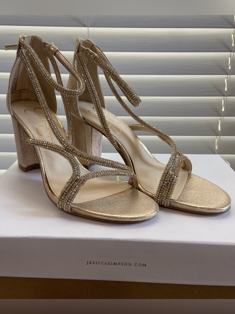 Jessica Simpson Metallic Gold Crystal-Strap Block Heel Sandals